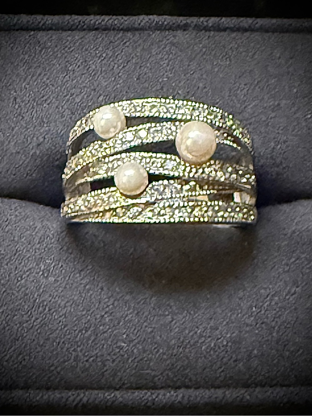 Lia Sophia Silver Multi-Band Pearl Accent Ring